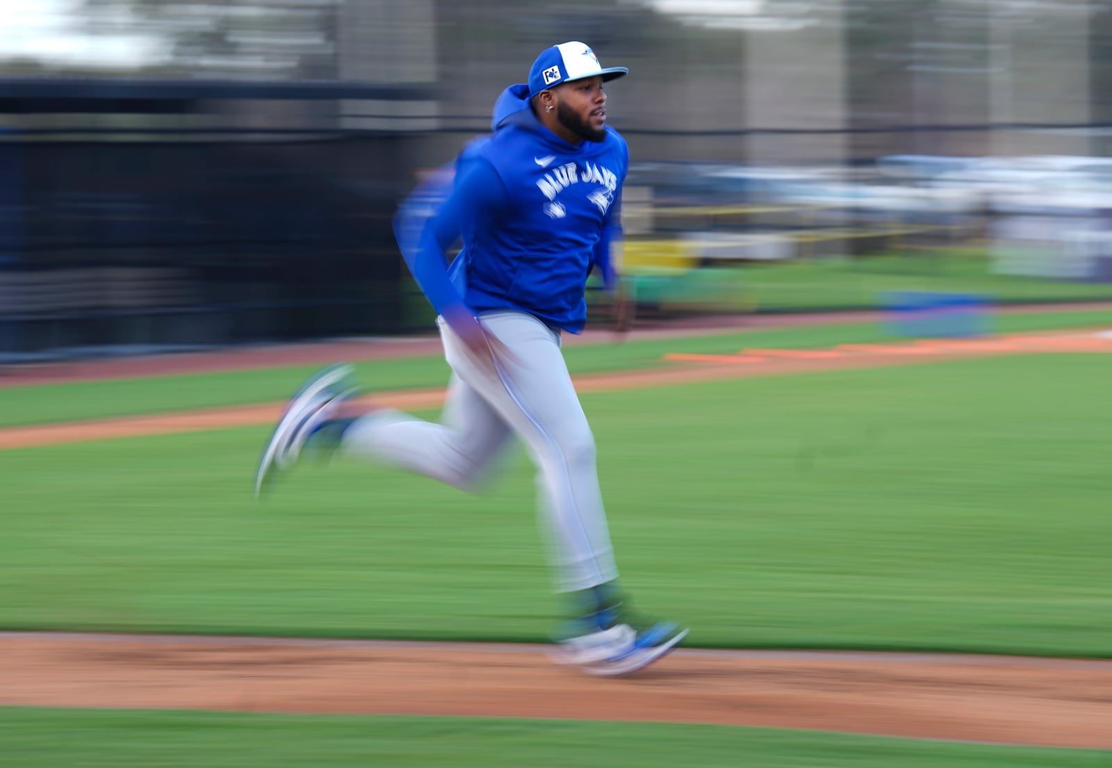 Toronto Blue Jays first baseman Vladimir Guerrero Jr. runs the bases during spring training baseball workouts in Dunedin Fla., Tuesday, Feb. 18, 2025. (Nathan Denette/The Canadian Press via AP)