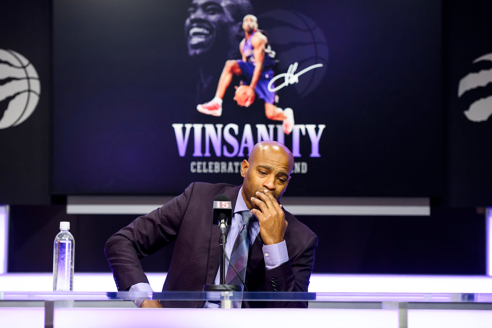 Former Toronto Raptors player Vince Carter speaks to media ahead of his number retirement, before an NBA basketball game between the Toronto Raptors and the Sacramento Kings at the Scotiabank arena in Toronto on Saturday, Nov. 2, 2024. (Christopher Katsarov/The Canadian Press via AP)