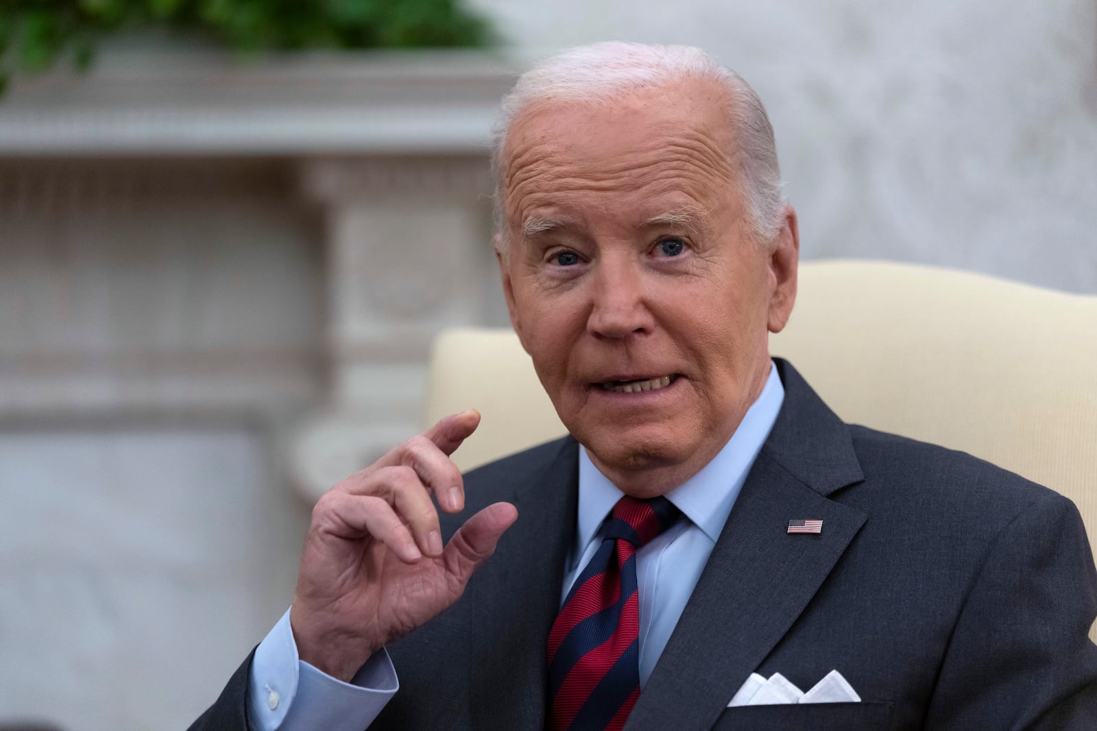 President Joe Biden speaks during a meeting with Slovenia's Prime Minister Robert Golob in the Oval Office of the White House in Washington, Tuesday, Oct. 22, 2024. (AP Photo/Ben Curtis)