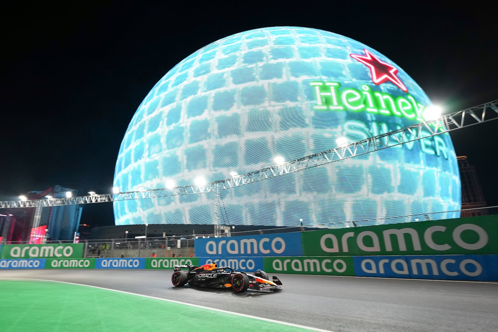 Red Bull driver Max Verstappen, of the Netherlands, runs a warm up lap during the F1 Las Vegas Grand Prix auto race, Saturday, Nov. 23, 2024, in Las Vegas. (AP Photo/Rick Scuteri)