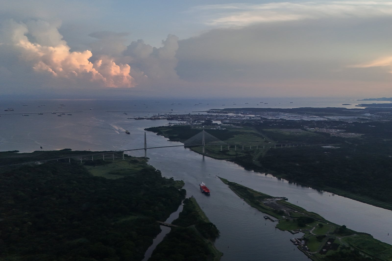 A ship passes through the Agua Clara Locks of the Panama Canal in Colon, Panama, Monday, Sept. 2, 2024. (AP Photo/Matias Delacroix)