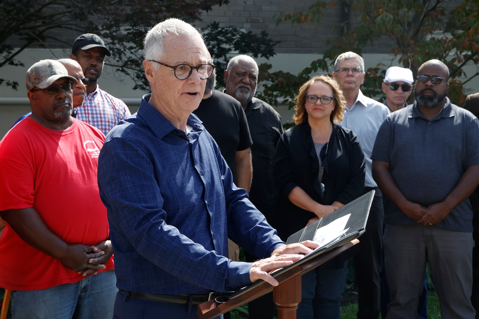 Pastor Carl Ruby, from Central Christian Church, talks about the recent hatred towards the Haitian community in Springfield Thursday, Sept. 12, 2024 during a press conference held by Springfield clergy members. BILL LACKEY/STAFF