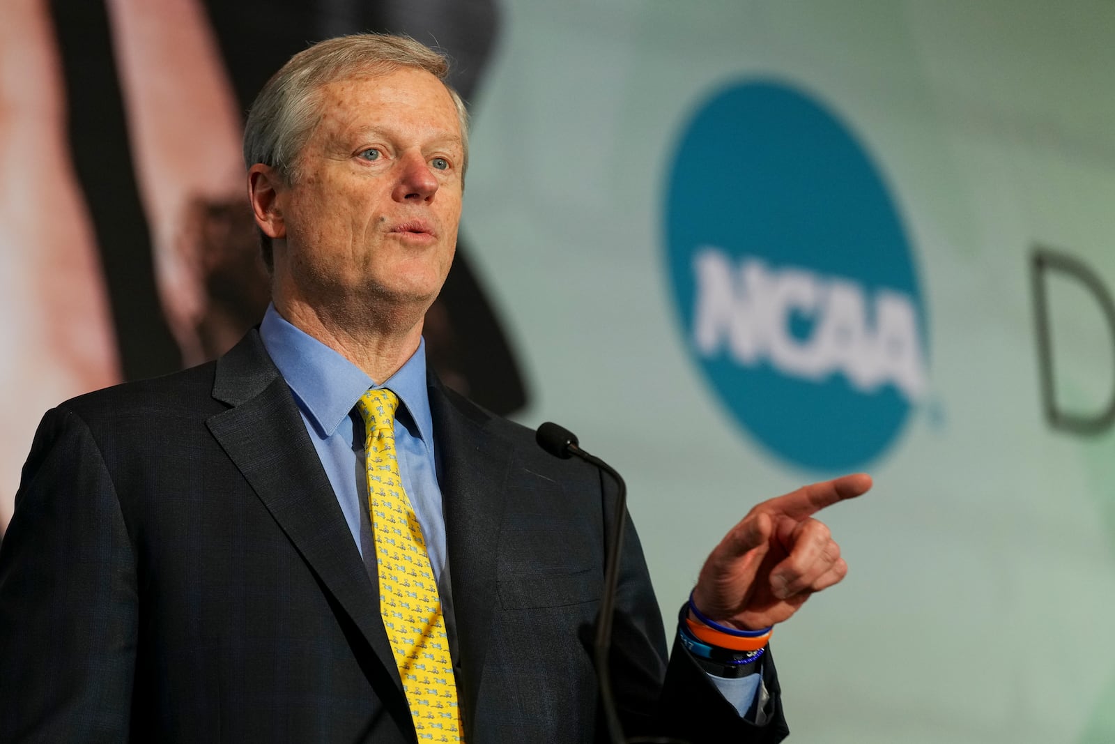 NCAA President Charlie Baker speaks during the organizations Division I Business Session at their annual convention Wednesday, Jan. 15, 2025, in Nashville, Tenn. (AP Photo/George Walker IV)