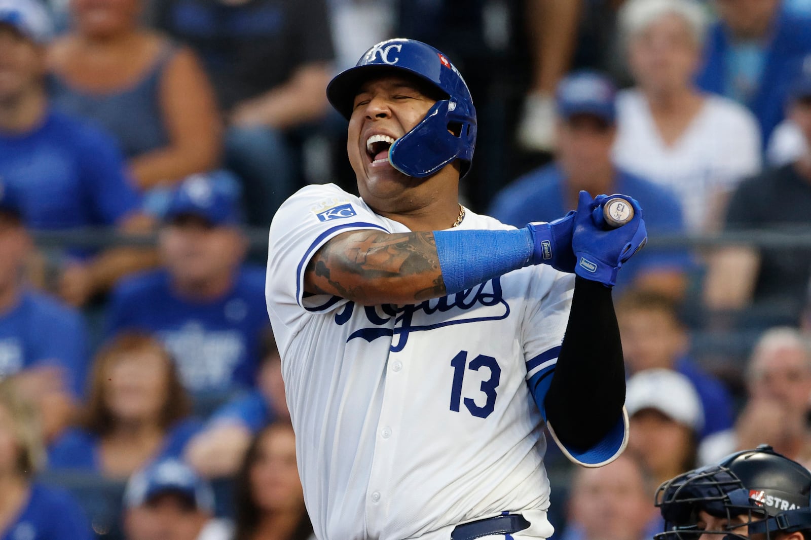 Kansas City Royals' Salvador Perez strikes out during the second inning in Game 3 of an American League Division baseball playoff series against the New York Yankees Wednesday, Oct. 9, 2024, in Kansas City, Mo. (AP Photo/Colin Braley)