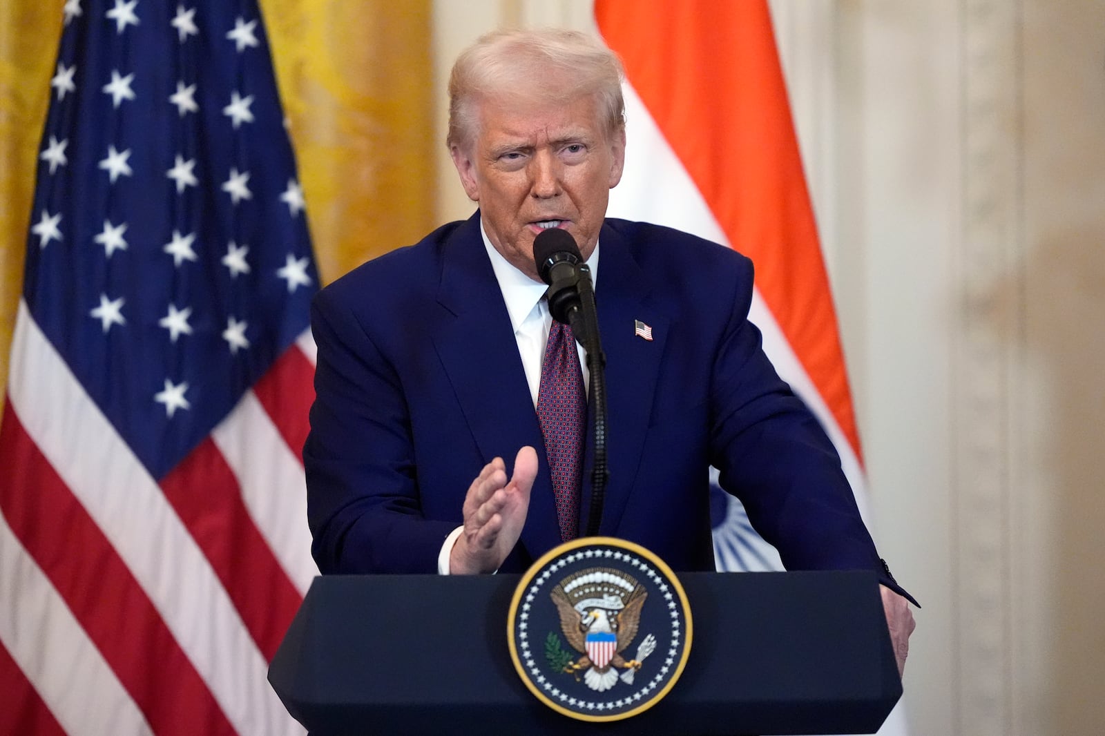 President Donald Trump speaks during a news conference with India's Prime Minister Narendra Modi in the East Room of the White House, Thursday, Feb. 13, 2025, in Washington. (Photo/Alex Brandon)