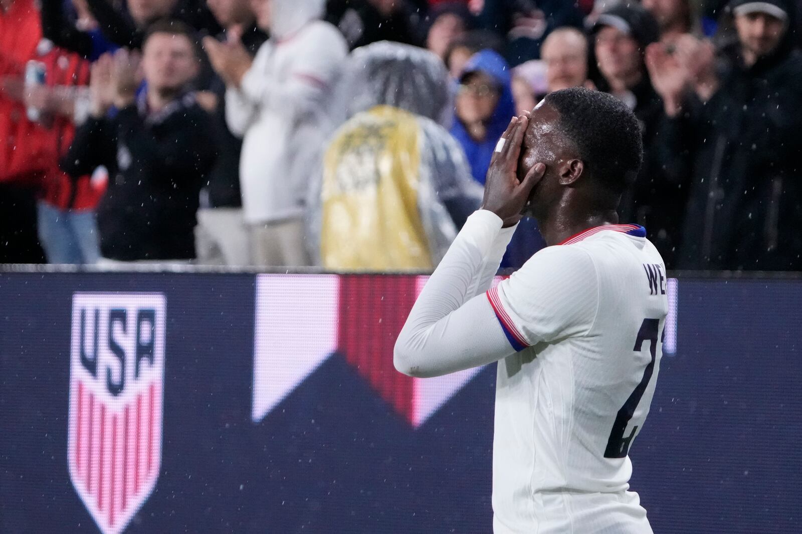 United States' Tim Weah celebrates after scoring during the second half in a CONCACAF Nations League quarterfinal second leg soccer match against Jamaica Monday, Nov. 18, 2024, in St. Louis. (AP Photo/Jeff Roberson)