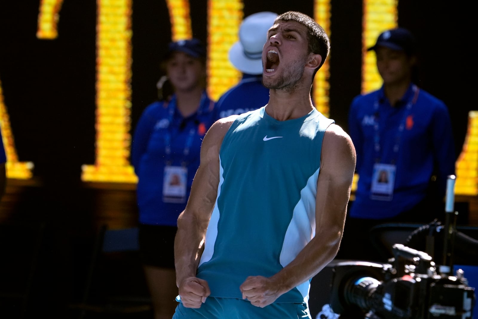 Carlos Alcaraz of Spain reacts after defeating Nuno Borges of Portugal in their third round match at the Australian Open tennis championship in Melbourne, Australia, Friday, Jan. 17, 2025. (AP Photo/Asanka Brendon Ratnayake)