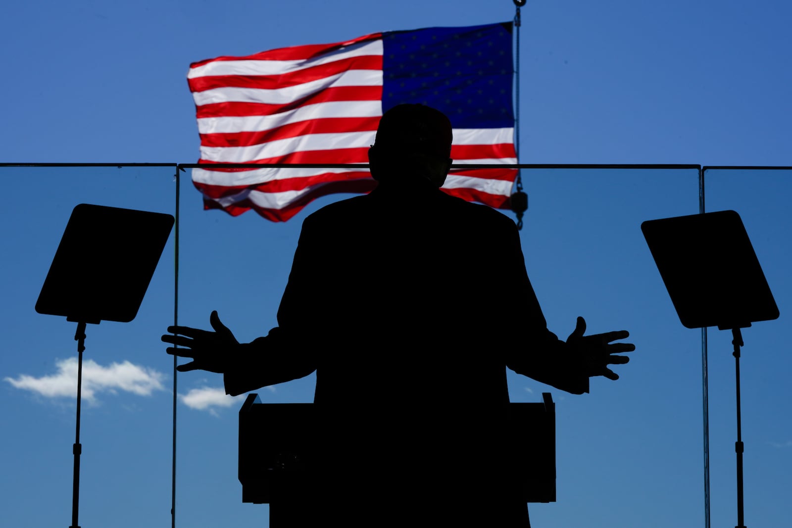 Republican presidential nominee former President Donald Trump speaks during a campaign rally at Dodge County Airport, Sunday, Oct. 6, 2024, in Juneau, Wis. (AP Photo/Julia Demaree Nikhinson)