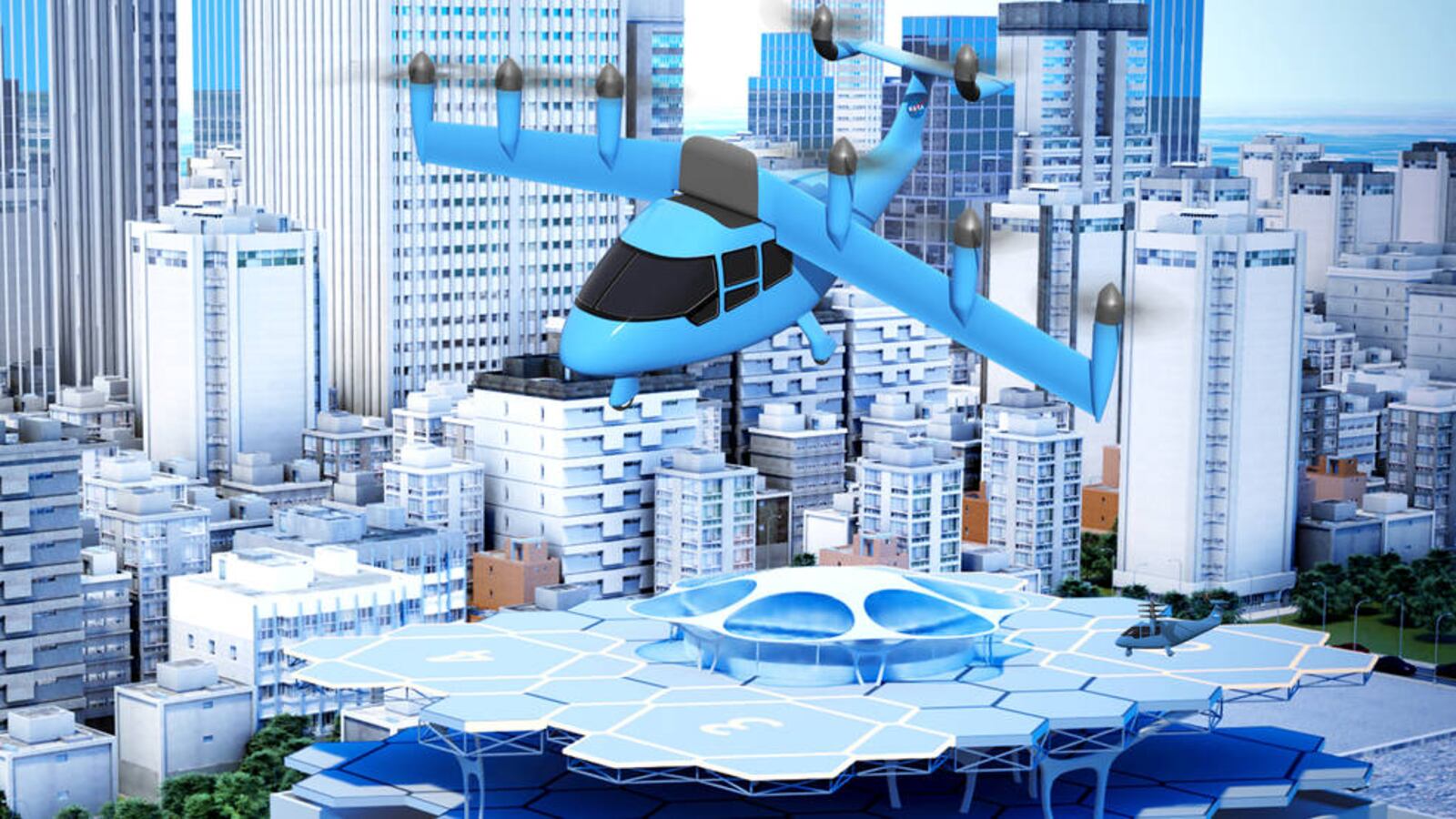 An idea for a future air taxi hovers over a municipal vertiport in this NASA illustration. Experts from NASA’s Advanced Air Mobility mission have signed agreements with four states and one city to host a series of workshops that will help local governments prepare their transportation plans to include this new form of air travel.
Credits: NASA / Lillian Gipson and Kyle Jenkins