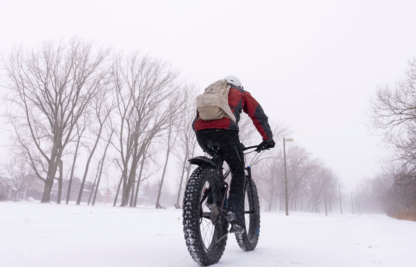 A cyclist rides through a park in Montreal, Wednesday, Jan. 8, 2025. (Christinne Muschi/The Canadian Press via AP)