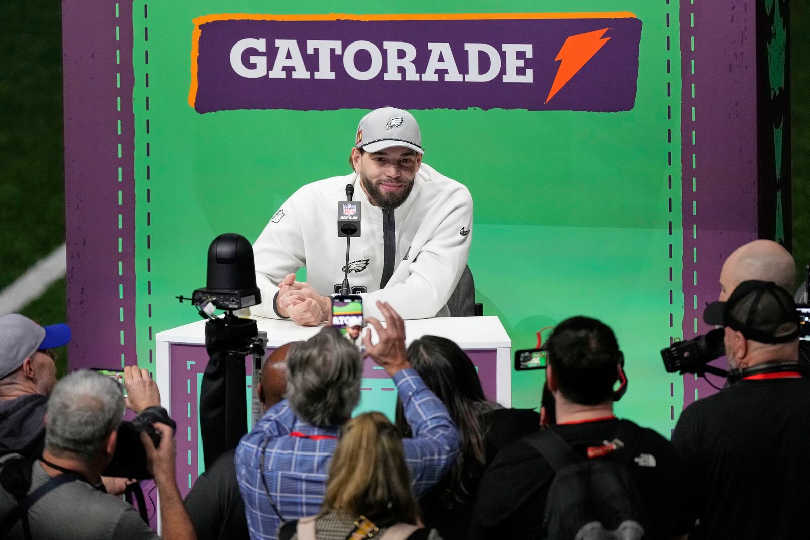 Philadelphia Eagles' Dallas Goedert participates during Super Bowl 59 Opening Night, Monday, Feb. 3, 2025, in New Orleans, ahead of the NFL football game between the Philadelphia Eagles and the Kansas City Chiefs Sunday. (AP Photo/Godofredo A. Vásquez)