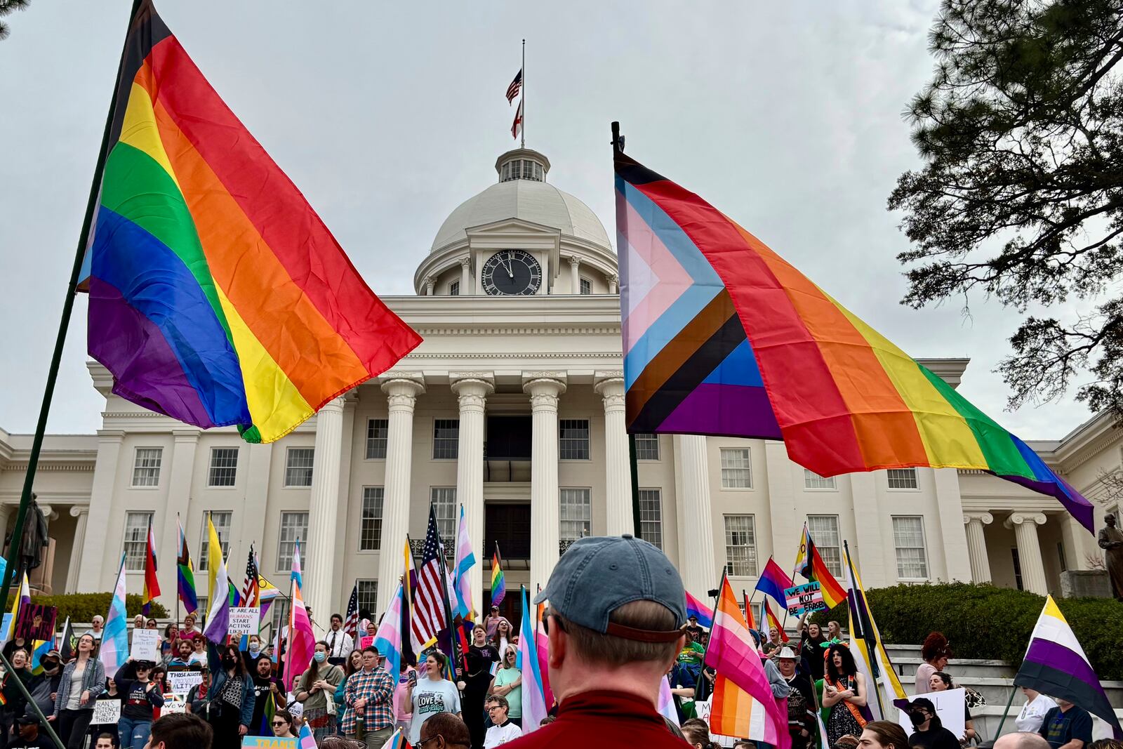 Demonstrators march to the Alabama Capitol in Montgomery, Ala., on Feb. 5, 2025 to protest bills that would impact transgender people. (AP Photo/Kim Chandler)