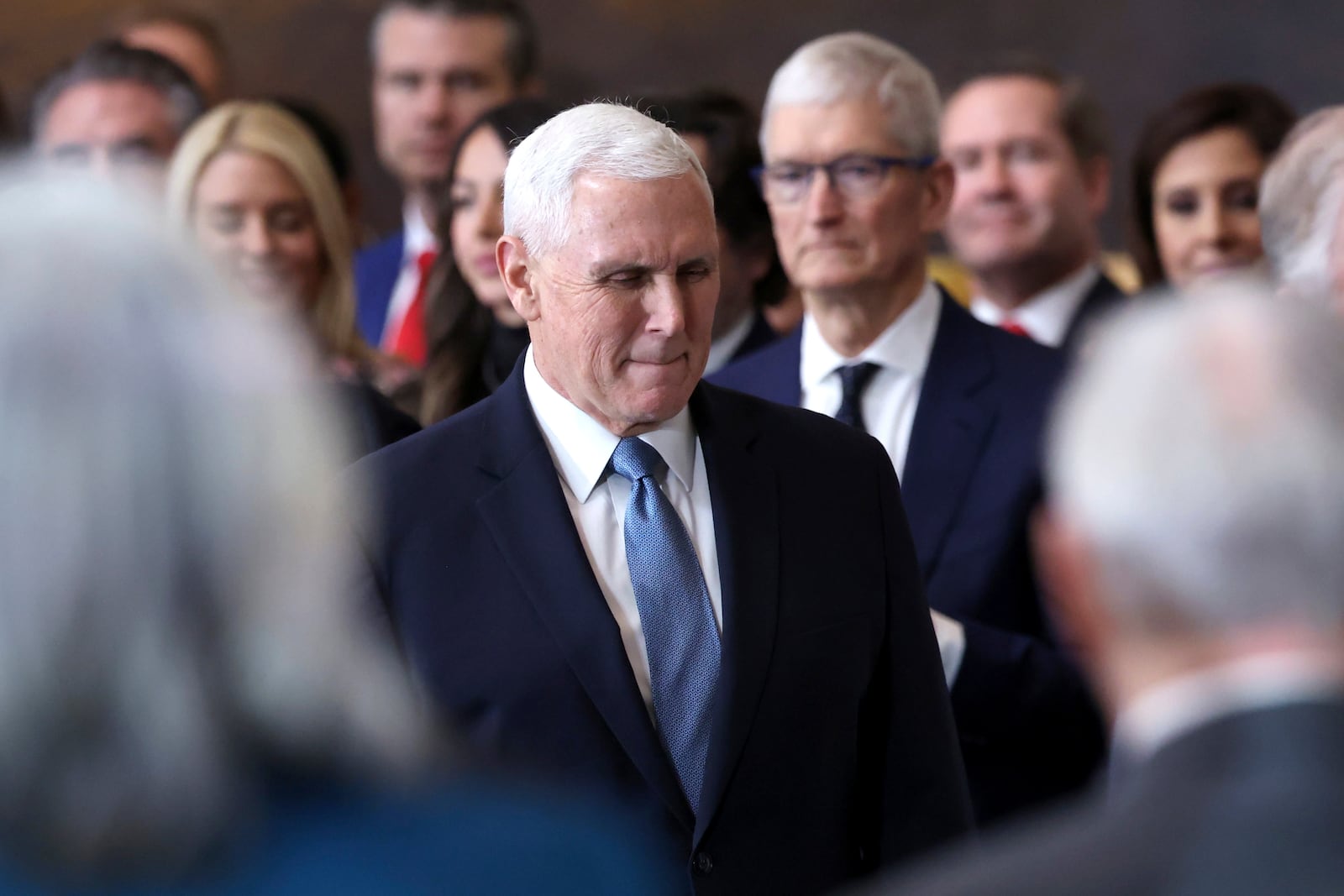 Former Vice President Mike Pence arrives before the 60th Presidential Inauguration in the Rotunda of the U.S. Capitol in Washington, Monday, Jan. 20, 2025. (Kevin Lamarque/Pool Photo via AP)