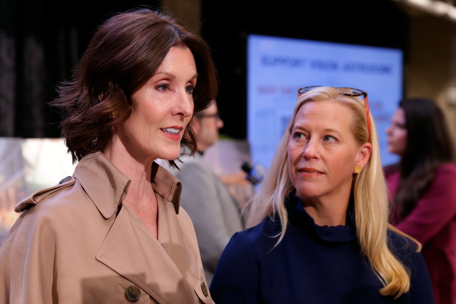 Phoebe Tudor, left, chairman of the Astrodome Conservancy, speaks as executive director Beth Wiedower Jackson, right, listens during a press conference about proposed renovations for the now dormant Astrodome, held at The Ion Wednesday, Nov. 13, 2024, in Houston. (AP Photo/Michael Wyke)