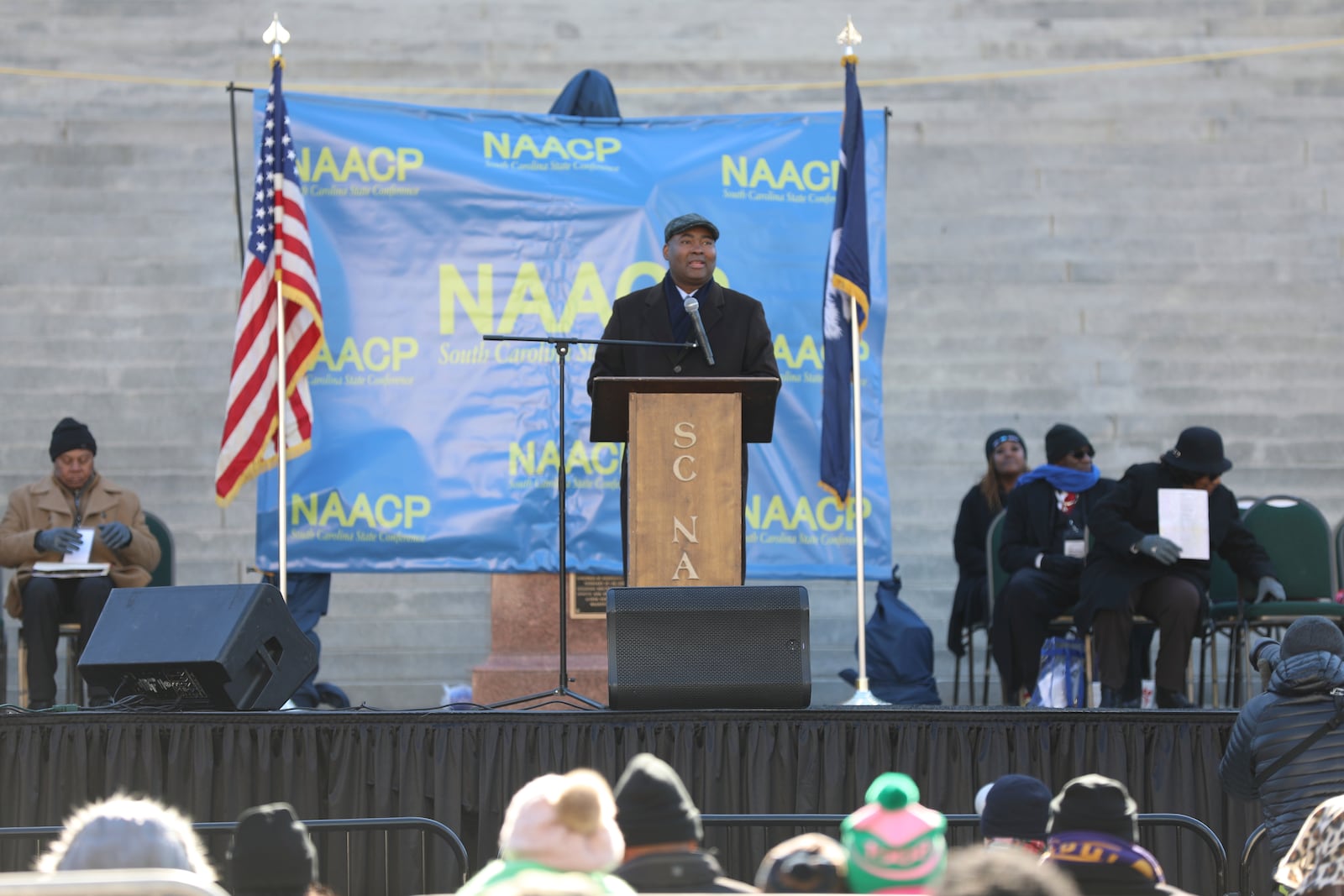 Democratic National Committee Chair Jamie Harrison speaks at a rally at the South Carolina Statehouse to honor Martin Luther King Jr. on his holiday on Monday, Jan. 20, 2025, in Columbia, S.C. (AP Photo/Jeffrey Collins)