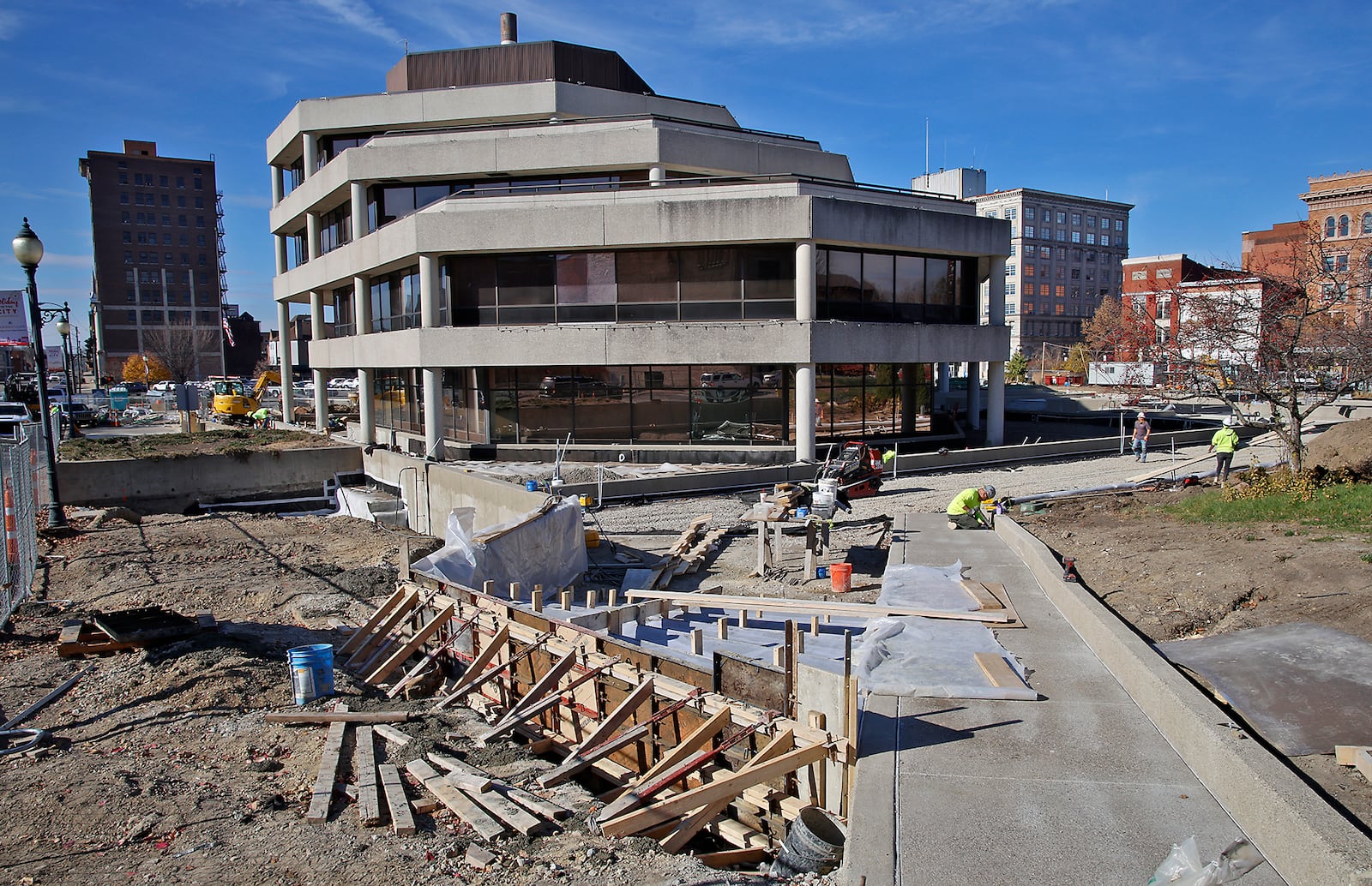 Construction on the City Hall Plaza refresh continues Thursday, Nov. 16, 2023. BILL LACKEY/STAFF