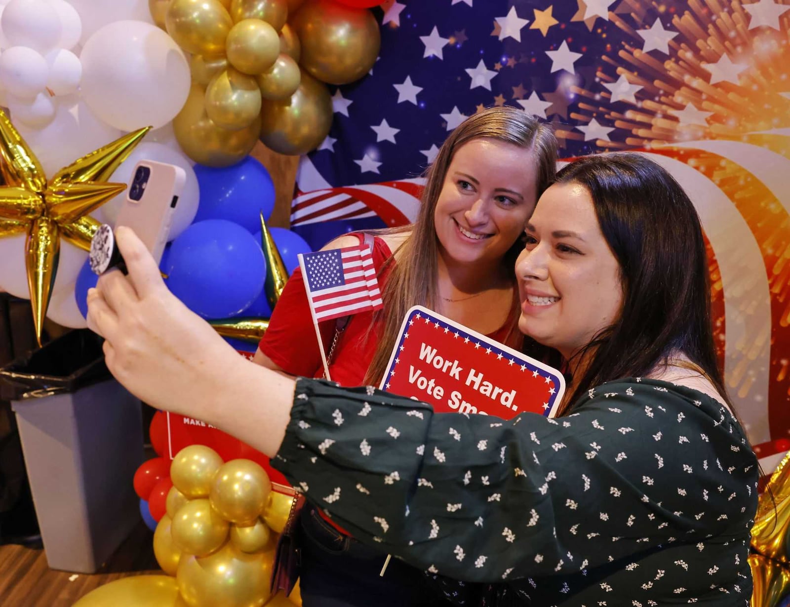 Molly Steele, left, and Nicole DiMuzio take a selfie during the Butler County Republican Party election results watch party Tuesday, Nov. 5, 2024 at Lori's Roadhouse in West Chester Township. NICK GRAHAM/STAFF