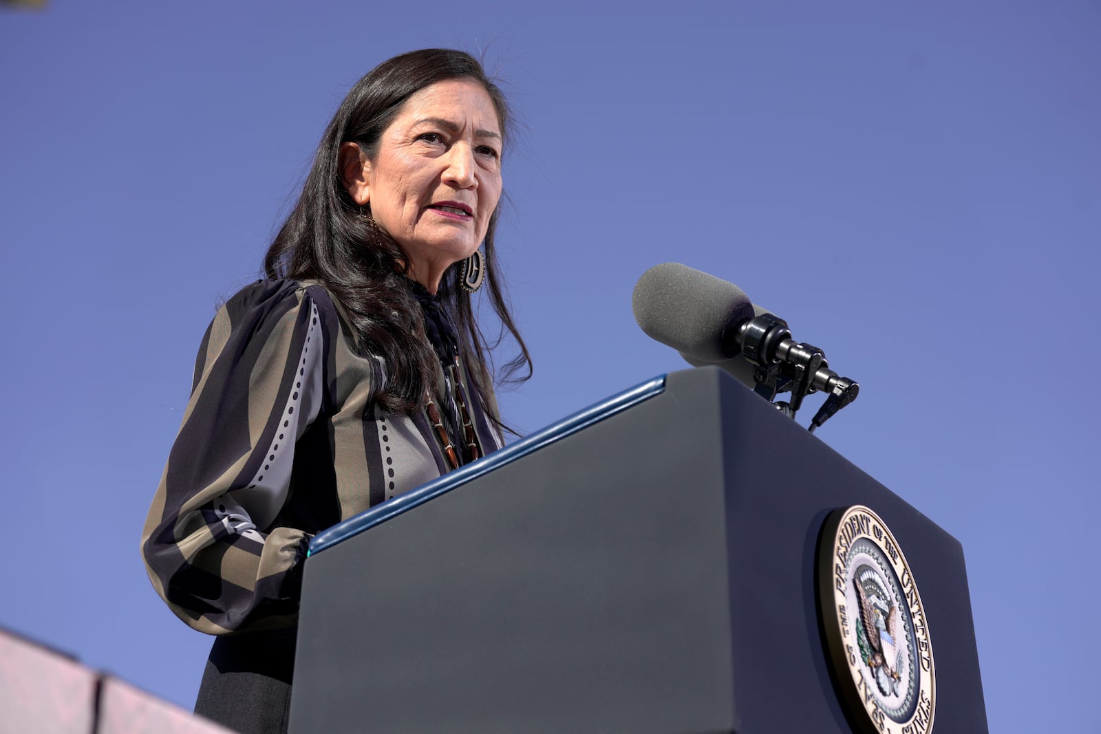 FILE - Interior Secretary Deb Haaland speaks at the Gila Crossing Community School in the Gila River Indian Community reservation in Laveen, Ariz., Friday, Oct. 25, 2024. (AP Photo/Manuel Balce Ceneta, File)