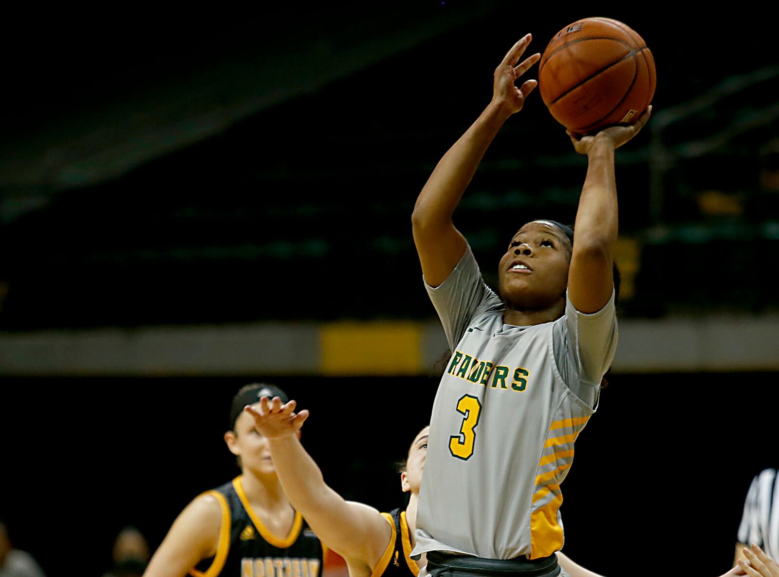 Wright State guard Jada Roberson scores against Northern Kentucky during a Horizon League quarterfinal at the Nutter Center in Fairborn Mar. 2, 2021. Wright State won 74-56. E.L. Hubbard/CONTRIBUTED