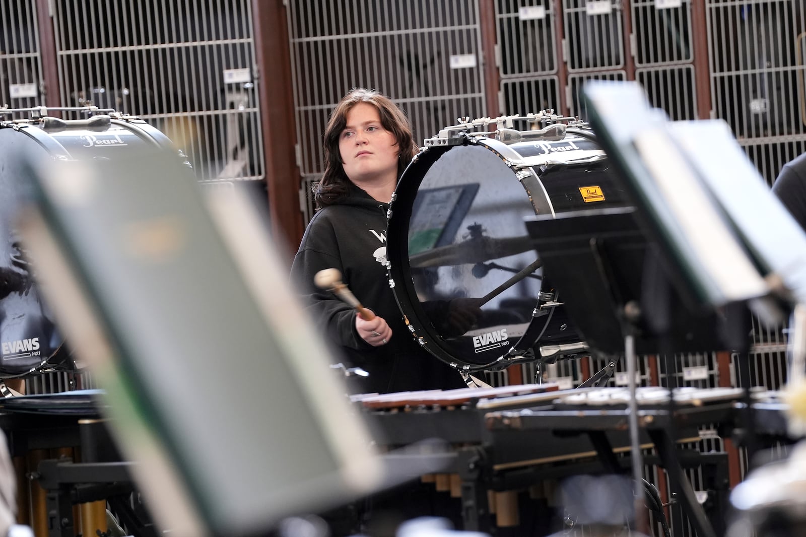 Carley Tindle, a member of the the Middletown High School marching band, practices, Tuesday, Jan. 14, 2025, in Middletown, Ohio. The band is set to participate in the inauguration of President-elect Donald Trump on Jan. 20. Middletown is the hometown of Vice President-elect JD Vance.(AP Photo/Kareem Elgazzar)