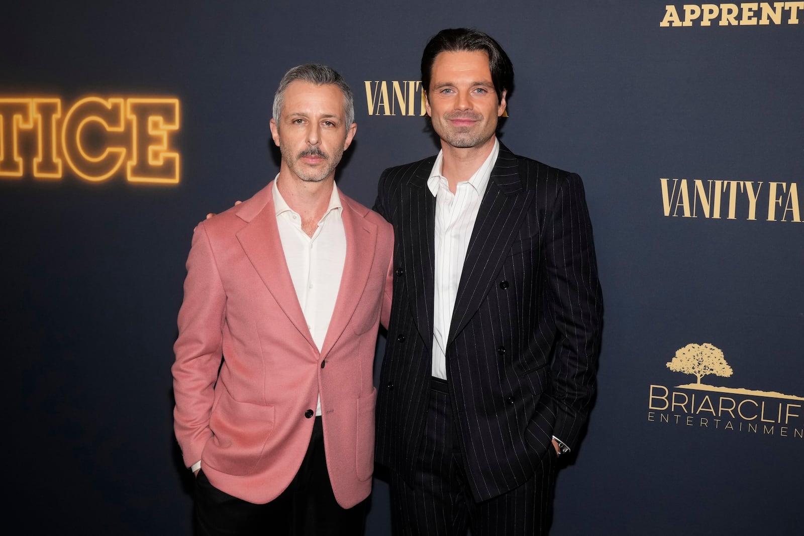 Jeremy Strong, left, and Sebastian Stan attend the premiere of "The Apprentice" at the DGA New York Theater on Tuesday, Oct. 8, 2024, in New York. (Photo by Charles Sykes/Invision/AP)