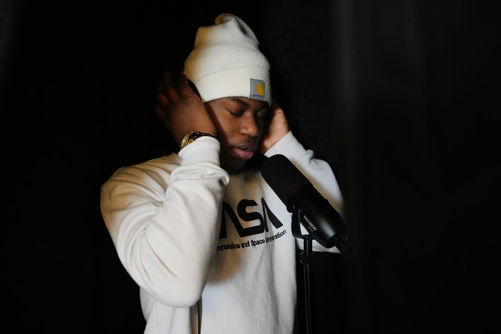 Kevin Hunter, student at D. M. Therrell High School with Panther Records, poses for a photograph in a classroom studio with funding help from the Save The Music foundation Monday, Jan. 27, 2025, in Atlanta. (AP Photo/Brynn Anderson)