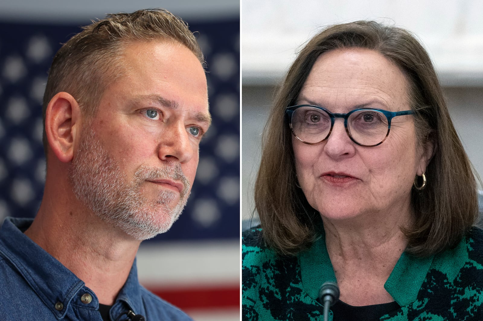 FILE - This combination of images shows from left, Independent Nebraska Senate candidate Dan Osborn, left, in Omaha, Neb., on May 15, 2024, and opponent, Sen. Deb Fischer, R-Neb., in Washington on March 14, 2023. (Nikos Frazier/Omaha World-Herald via AP, left; and AP Photo Alex Brandon, File)