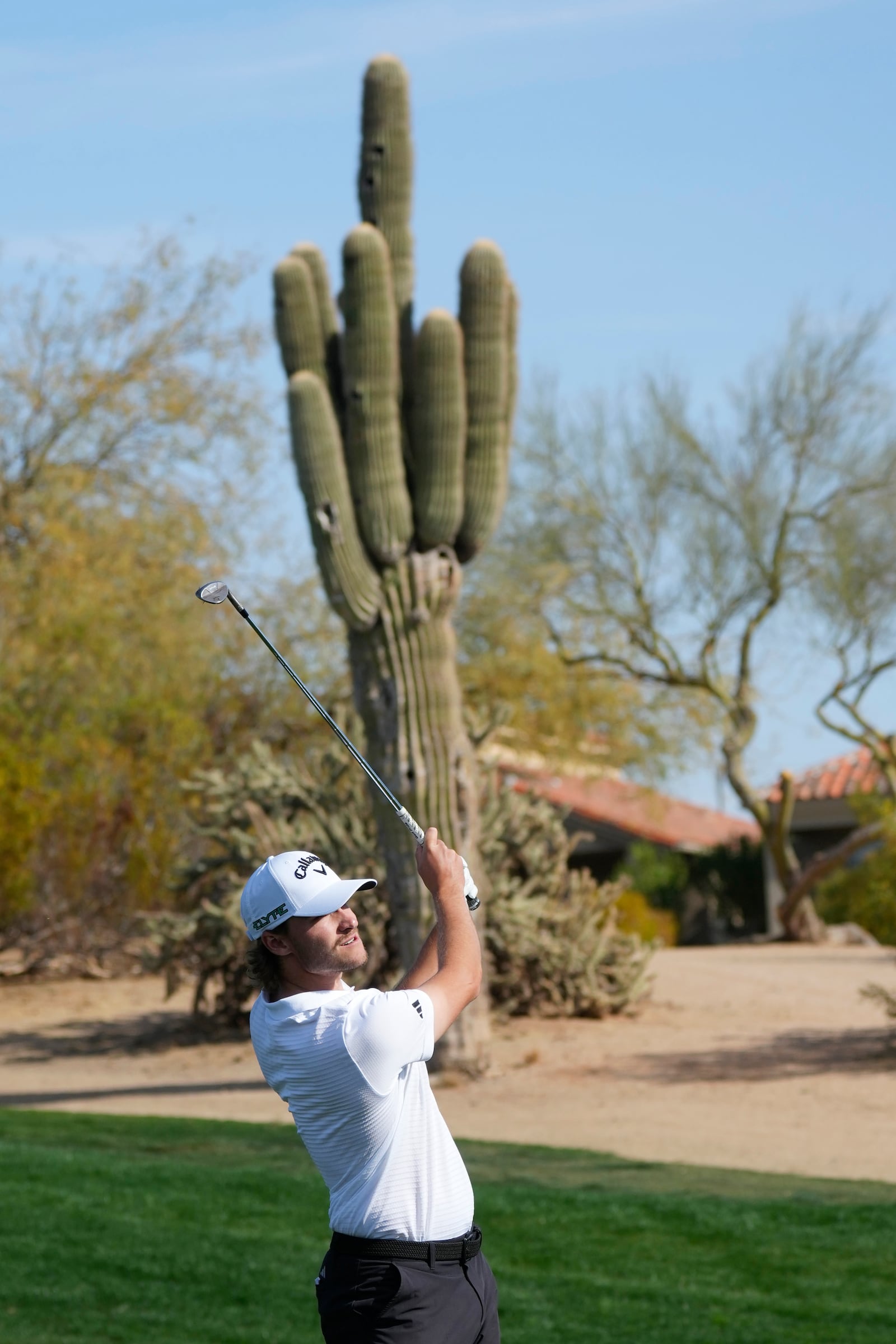 Rasmus Højgaard, of Denmark, hits his second shot at the second hole during the third round of the Phoenix Open golf tournament at TPC Scottsdale Saturday, Feb. 8, 2025, in Scottsdale, Ariz. (AP Photo/Ross D. Franklin)