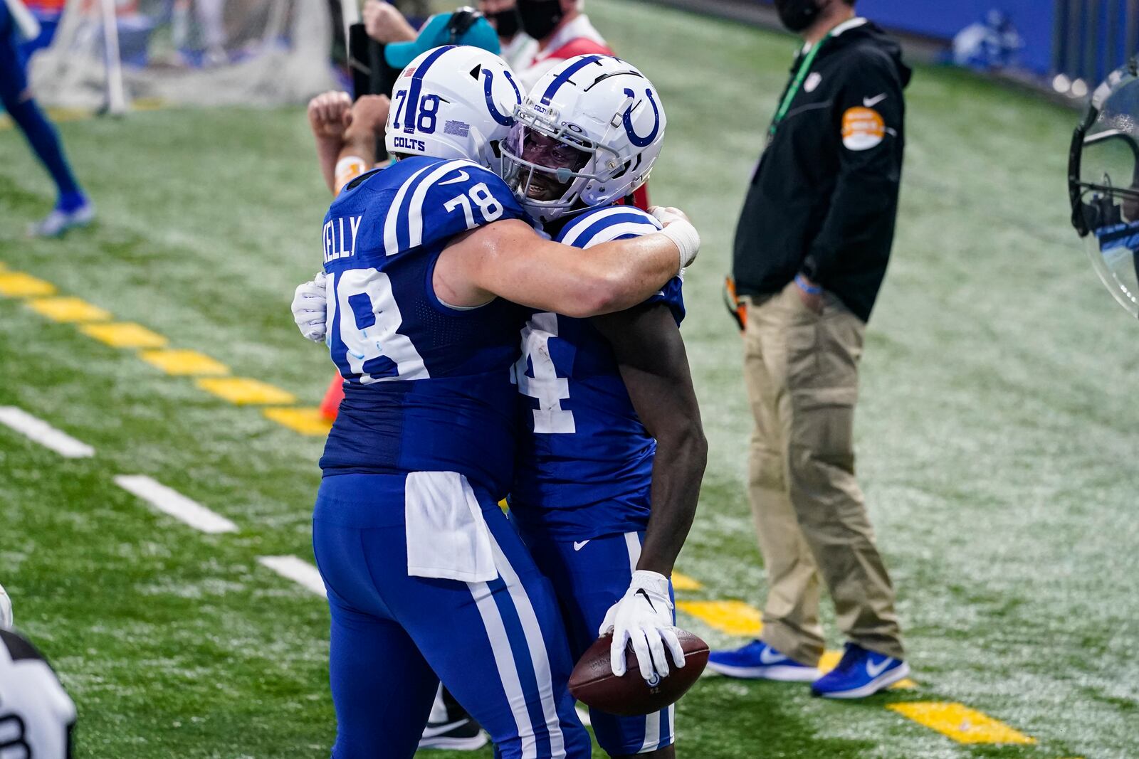 Indianapolis Colts wide receiver Zach Pascal (14) celebrates a touchdown with center Ryan Kelly (78) in the second half of an NFL football game against the Houston Texans in Indianapolis, Sunday, Dec. 20, 2020. (AP Photo/Darron Cummings)