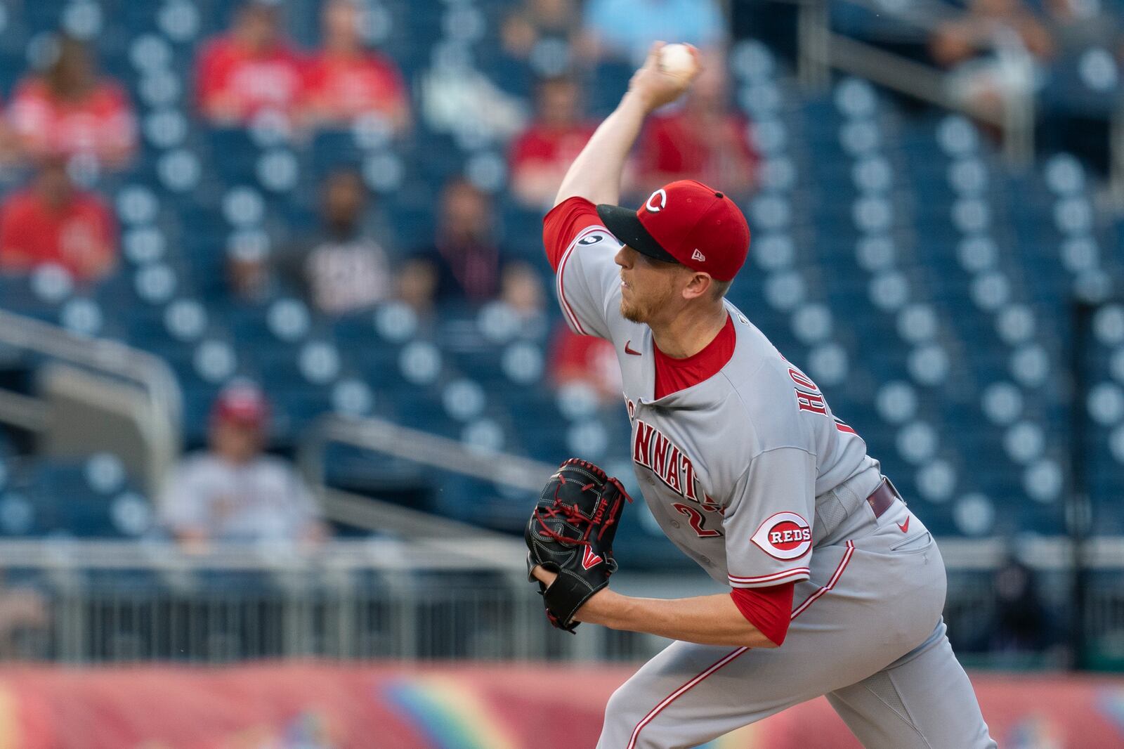 Cincinnati Reds starting pitcher Jeff Hoffman (23) throws during the first inning of a baseball game against the Washington Nationals in Washington, Wednesday, May 26, 2021. (AP Photo/Manuel Balce Ceneta)