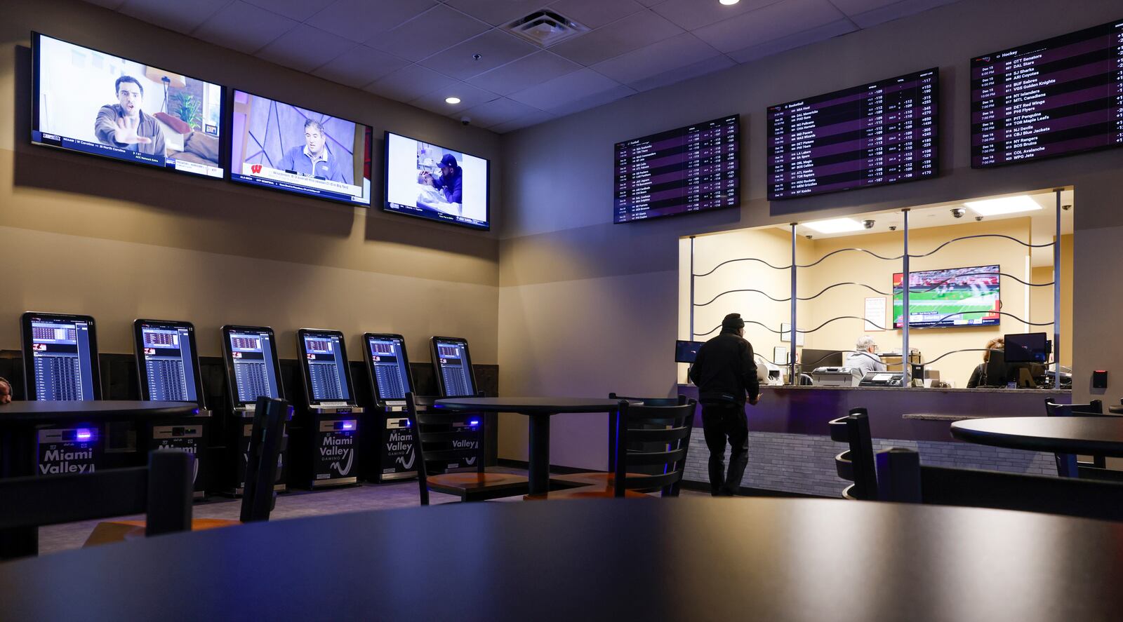 Kiosks are ready for use in the sports betting area Friday, Dec. 15, 2023 at Miami Valley Gaming on OH 63 in Warren County. NICK GRAHAM/STAFF