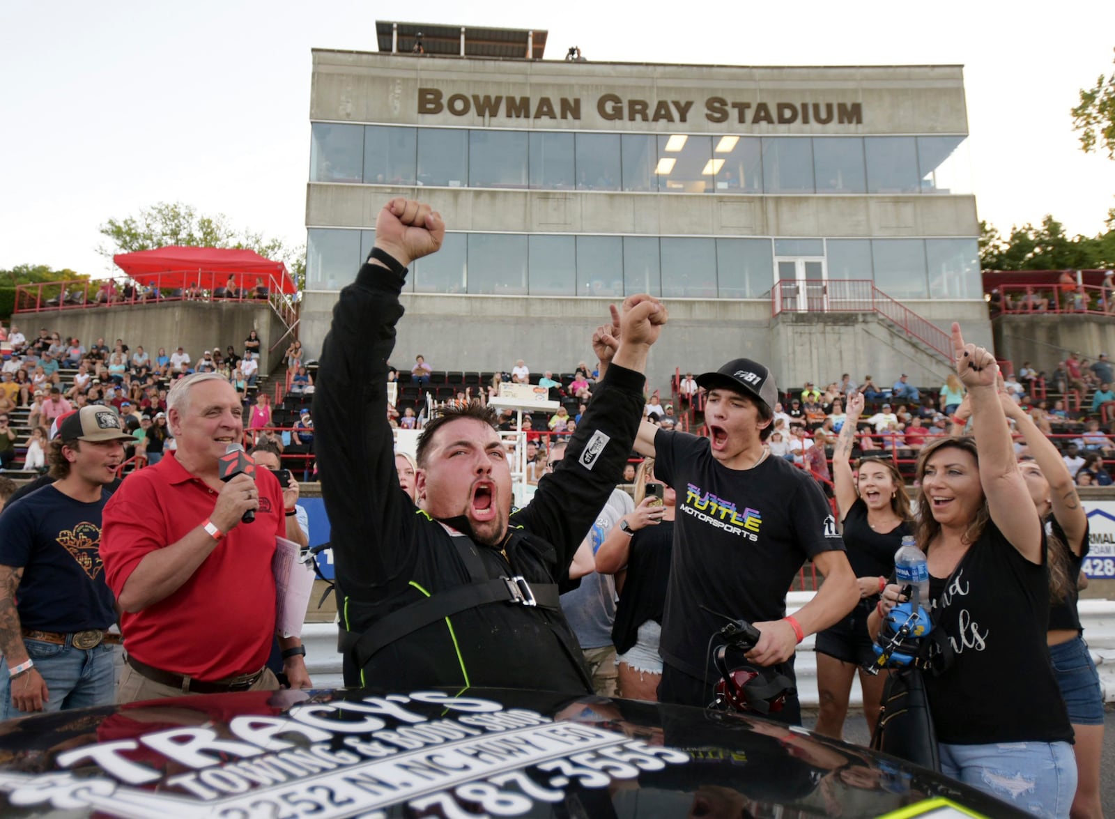 FILE - Andy Southern celebrates his win in the 20-lap Street Stock division race on Saturday, June 22, 2024 at Bowman Gray Stadium in Winston-Salem, N.C. (Walt Unks/The Winston-Salem Journal via AP, File)