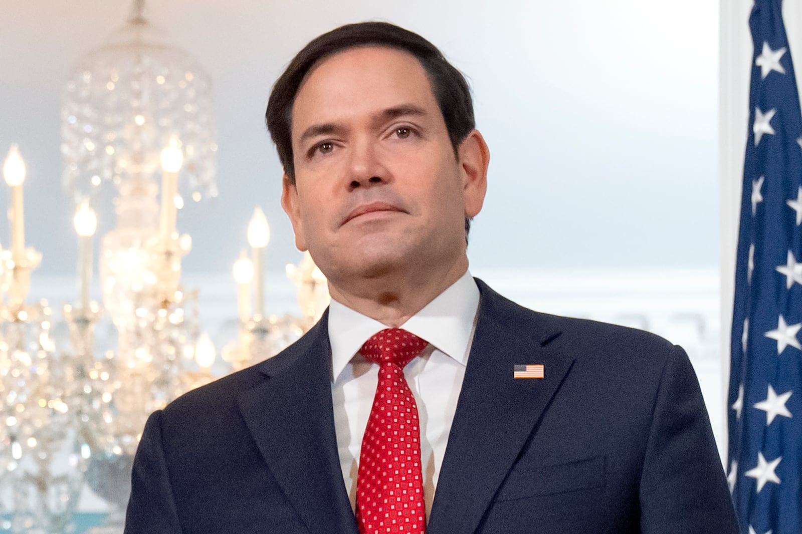 Secretary of State Marco Rubio stands with Egyptian Foreign Minister Badr Abdelatty, not shown, at the State Department, Monday, Feb. 10, 2025, in Washington. (AP Photo/Mark Schiefelbein).