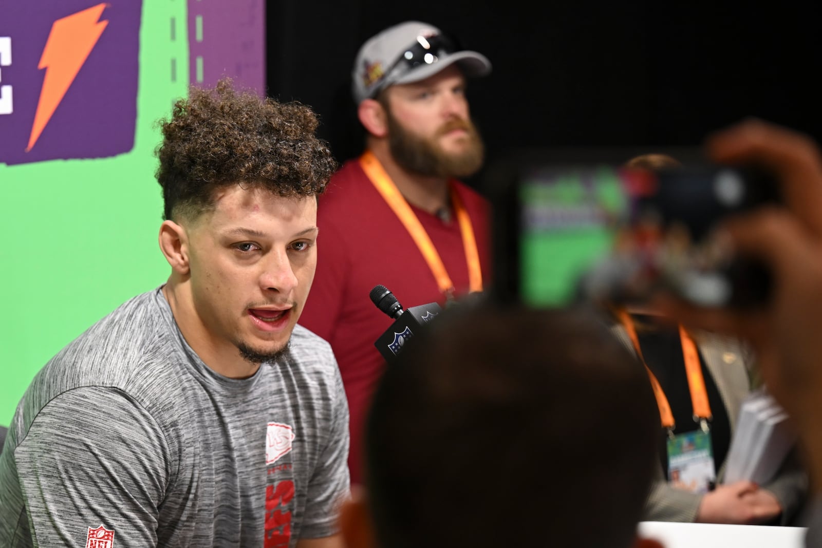 Kansas City Chiefs quarterback Patrick Mahomes speaks during a news conference after their loss against the Philadelphia Eagles in the NFL Super Bowl 59 football game Sunday, Feb. 9, 2025, in New Orleans. (AP Photo/Kyusung Gong)