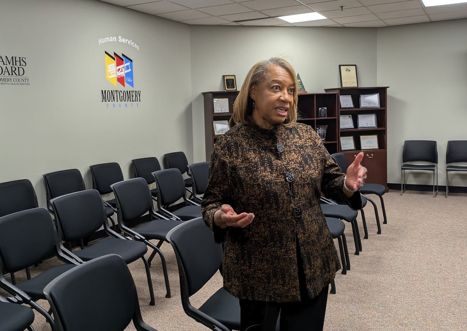 Helen Jones-Kelley, executive director of the Montgomery County Alcohol, Drug Addiction and Mental Health Services board, discusses the $4.1 million grant the board is receiving from the federal  Substance Abuse and Mental Health Services Administration through the Ohio Department of Mental Health and Addiction Services. SAM WILDOW\STAFF