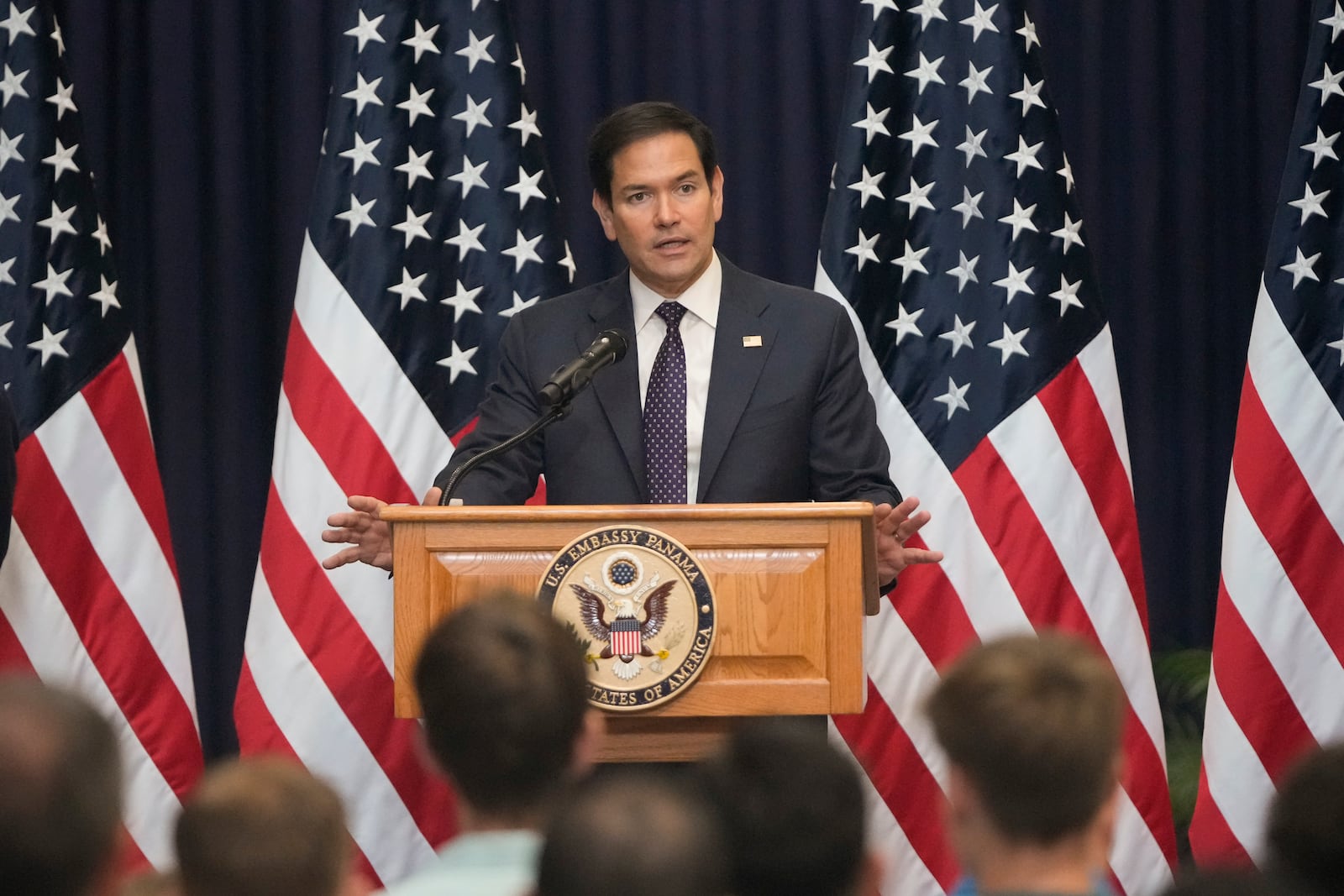 U.S. Secretary of State Marco Rubio addresses employees and families during a meet-and-greet at the United States Embassy in Panama City Panama City, Sunday, Feb. 2, 2025. (AP Photo/Mark Schiefelbein, Pool)