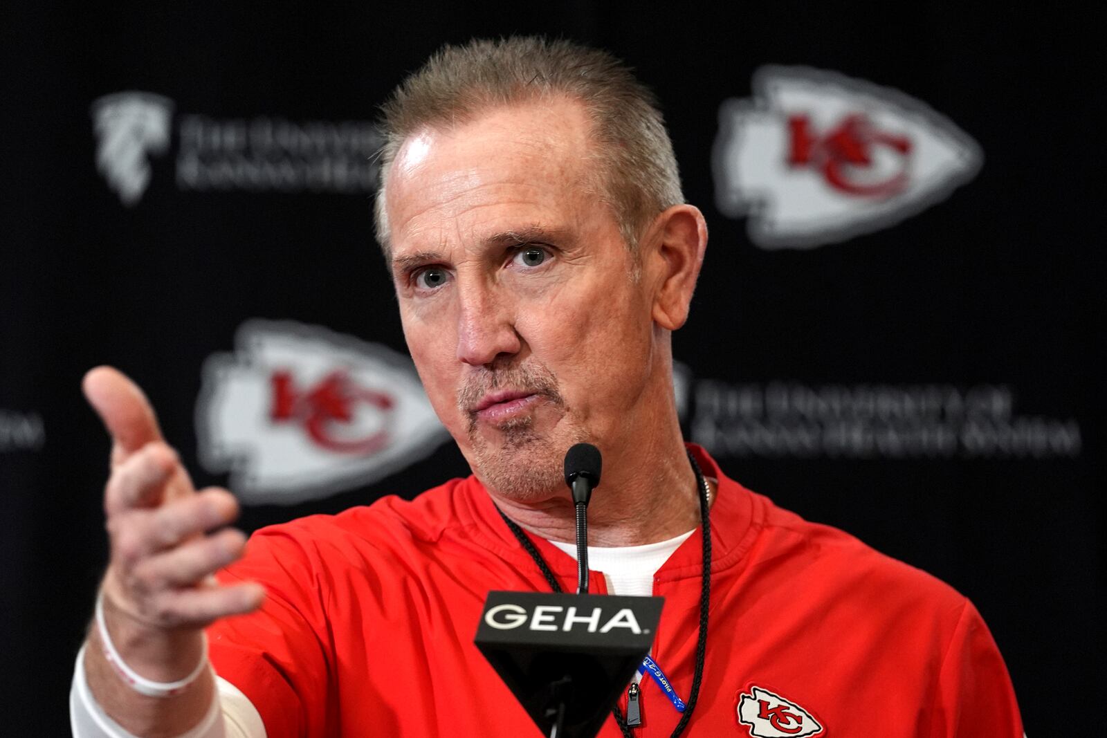 FILE - Kansas City Chiefs defensive coordinator Steve Spagnuolo addresses the media before the team's NFL football practice Thursday, Jan. 23, 2025, in Kansas City, Mo. (AP Photo/Charlie Riedel, FIle)