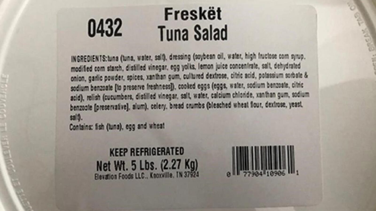 Freskët-brand Tuna Salad packaged in a 5-pound white, round, plastic container, Lot Number W1906054, Use By 02AUG2019A (printed on the side of each container) (www.fda.gov)