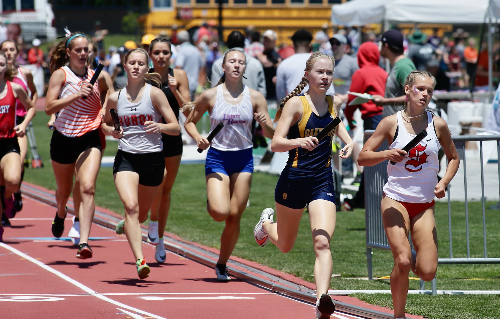 Oakwood's Bella Butler races in the 4x800-meter relay on Friday, June 3, 2022, in the Division II state track and field championships at Jesse Owens Memorial Stadium in Columbus. David Jablonski/Staff