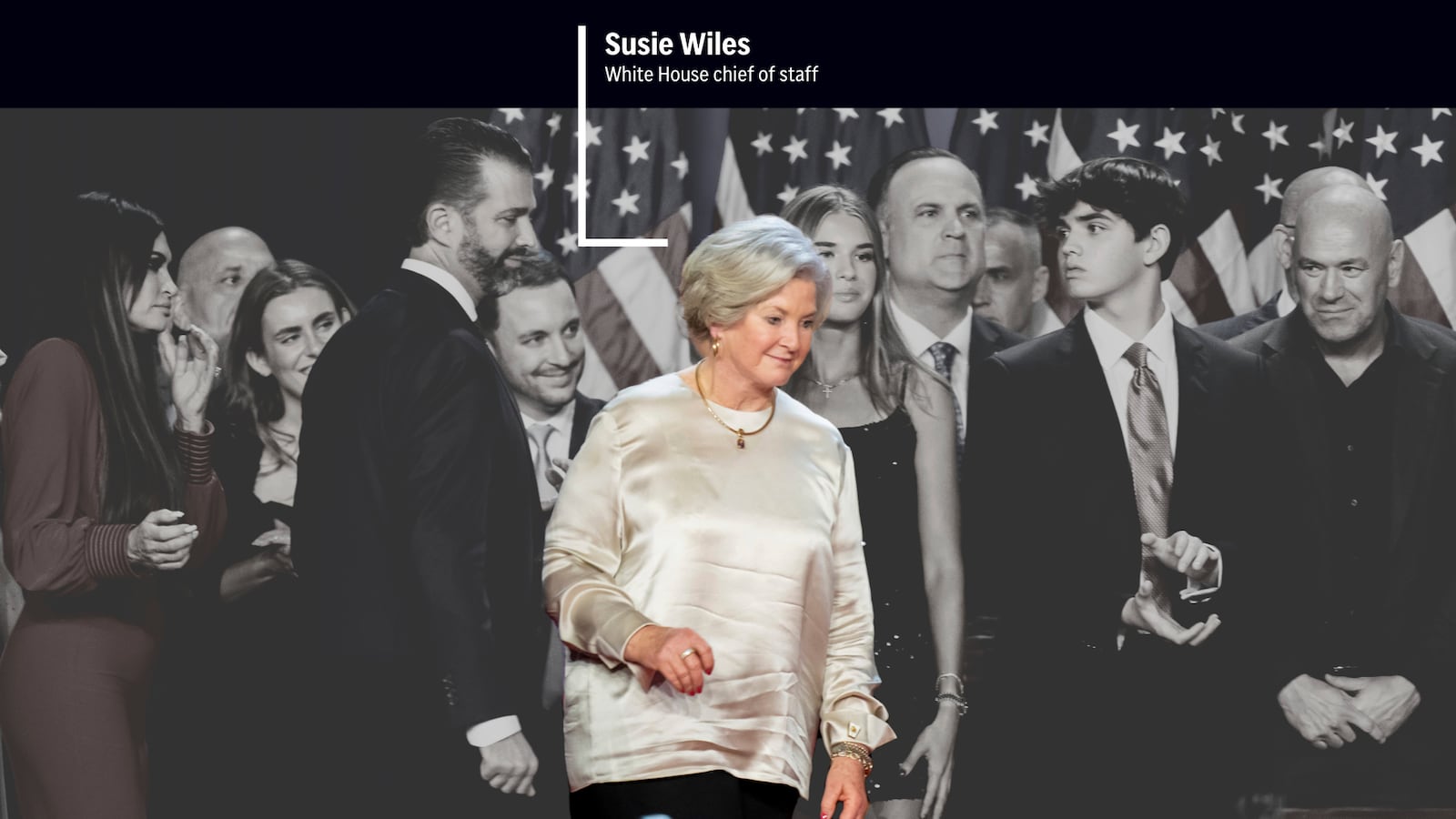 A crew of longtime friends, aides and new allies join Donald Trump on stage during an election night watch party. Trump has named Susie Wiles as his next chief of staff, the first woman to hold the job. (AP Photo/Alex Brandon; AP Illustration by Alex Connor)