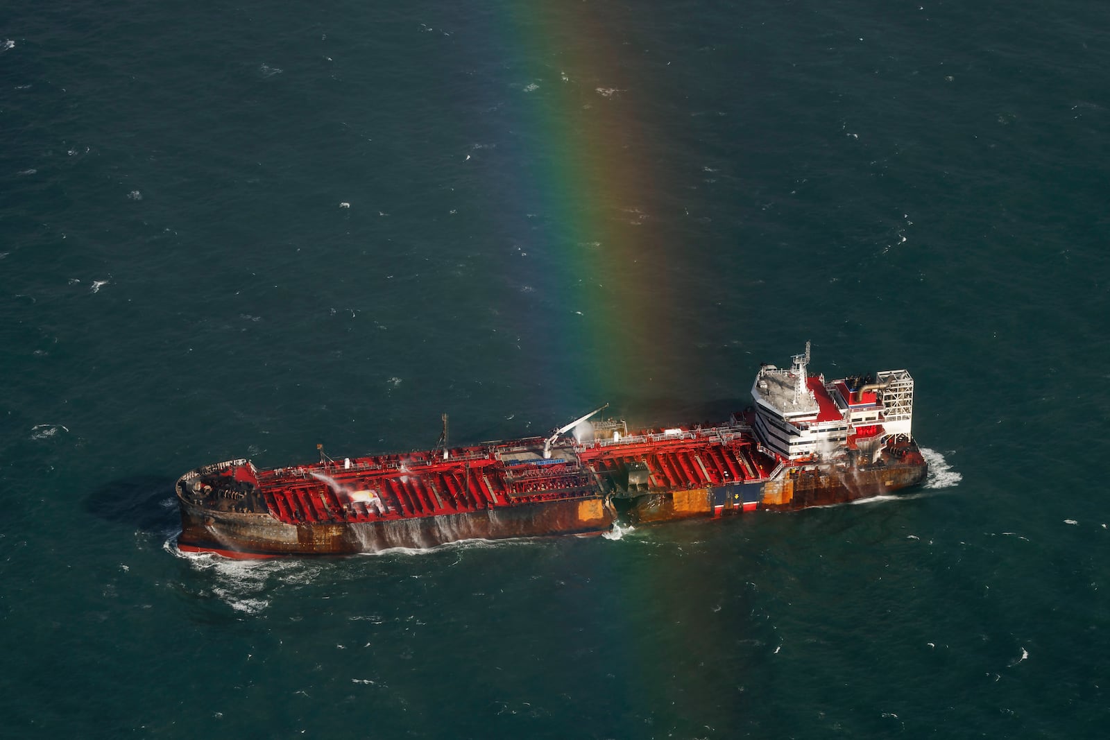 The damaged MV Stena Immaculate tanker at anchor off the Yorkshire coast in the North Sea, Tuesday, March 11, 2025 in England. (Dan Kitwood/Pool Photo via AP)