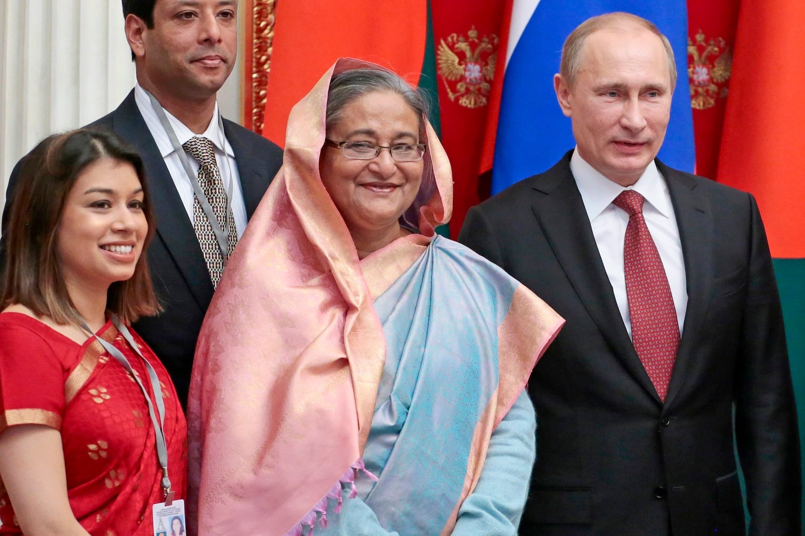 FILE - Russian President Vladimir Putin, right, Bangladesh Prime Minister Sheikh Hasina, second right, and Tulip Siddiq, left, attend a signing ceremony in the Kremlin in Moscow, Russia, Tuesday, Jan. 15, 2013. (AP Photo/Mikhail Metzel, Pool, File)