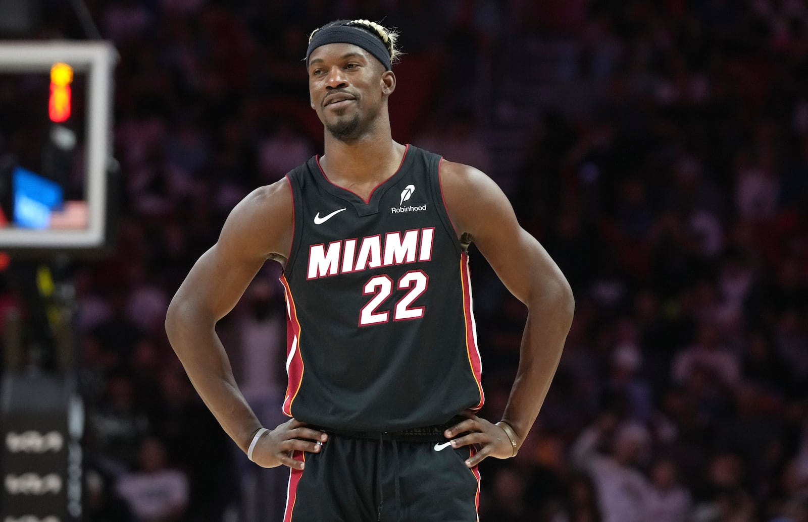 Miami Heat forward Jimmy Butler stands on the court during the second half of an NBA basketball game against the San Antonio Spurs, Sunday, Jan. 19, 2025, in Miami. (AP Photo/Lynne Sladky)