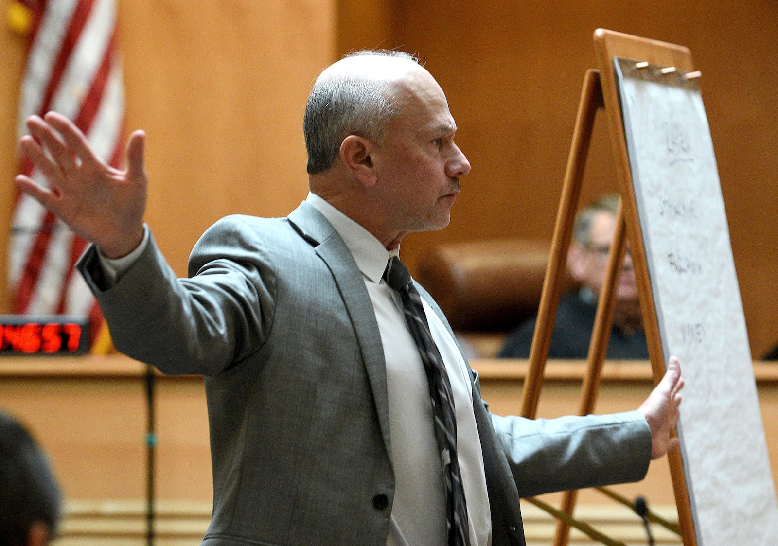 Defense attorney David Rothstein, representing defendant Bradley Asbury who is accused of holding down a teenage boy so colleagues could rape him at a New Hampshire youth center in the 1990s, makes his opening statement in Asbury's trial at Hillsborough County Superior Court in Manchester, N.H.,, Tuesday, Nov. 19, 2024. (David Lane/Union Leader via AP, Pool)