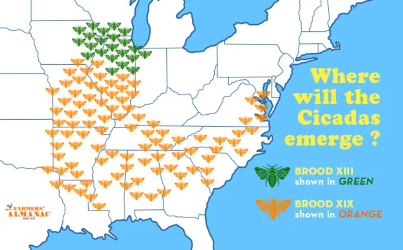 Brood XIII will appear in states like Iowa, Wisconsin and possibly Michigan, while Brood XIX will emerge in states such as Alabama, Georgia, Kentucky and Tennessee. Overlap between broods isn’t expected nor is Ohio expected to see these insects this summer.

Photo Credit: Farmers' Almanac