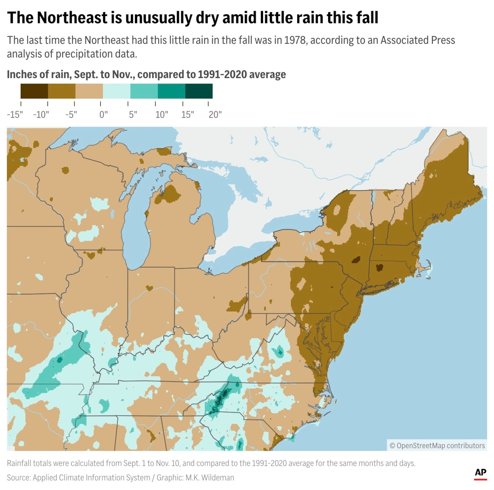 A map shows unusually low rainfall in the Northeast during September, October and half of November. The last time the Northeast had this little rain in the fall was in 1978, according to an Associated Press analysis of precipitation data. (AP Digital Embed)