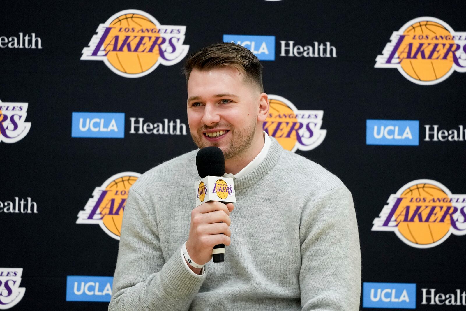 Los Angeles Lakers' Luka Doncic speaks during an introductory NBA basketball press conference Tuesday, Feb. 4, 2025, in El Segundo, Calif. (AP Photo/Jae C. Hong)