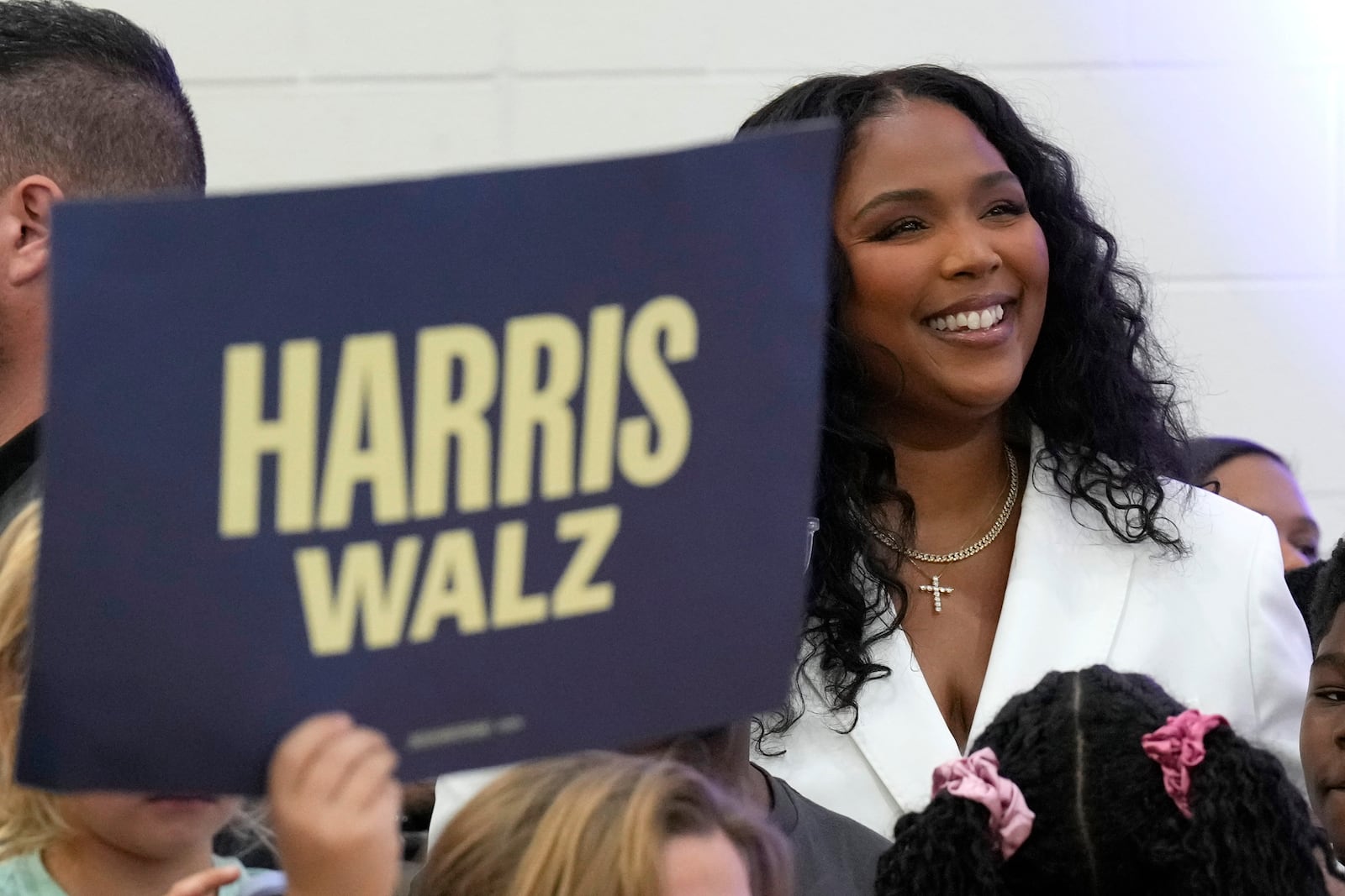 Lizzo attends a campaign event for Democratic presidential nominee Vice President Kamala Harris at Western International High School in Detroit, Saturday, Oct. 19, 2024. (AP Photo/Jacquelyn Martin)