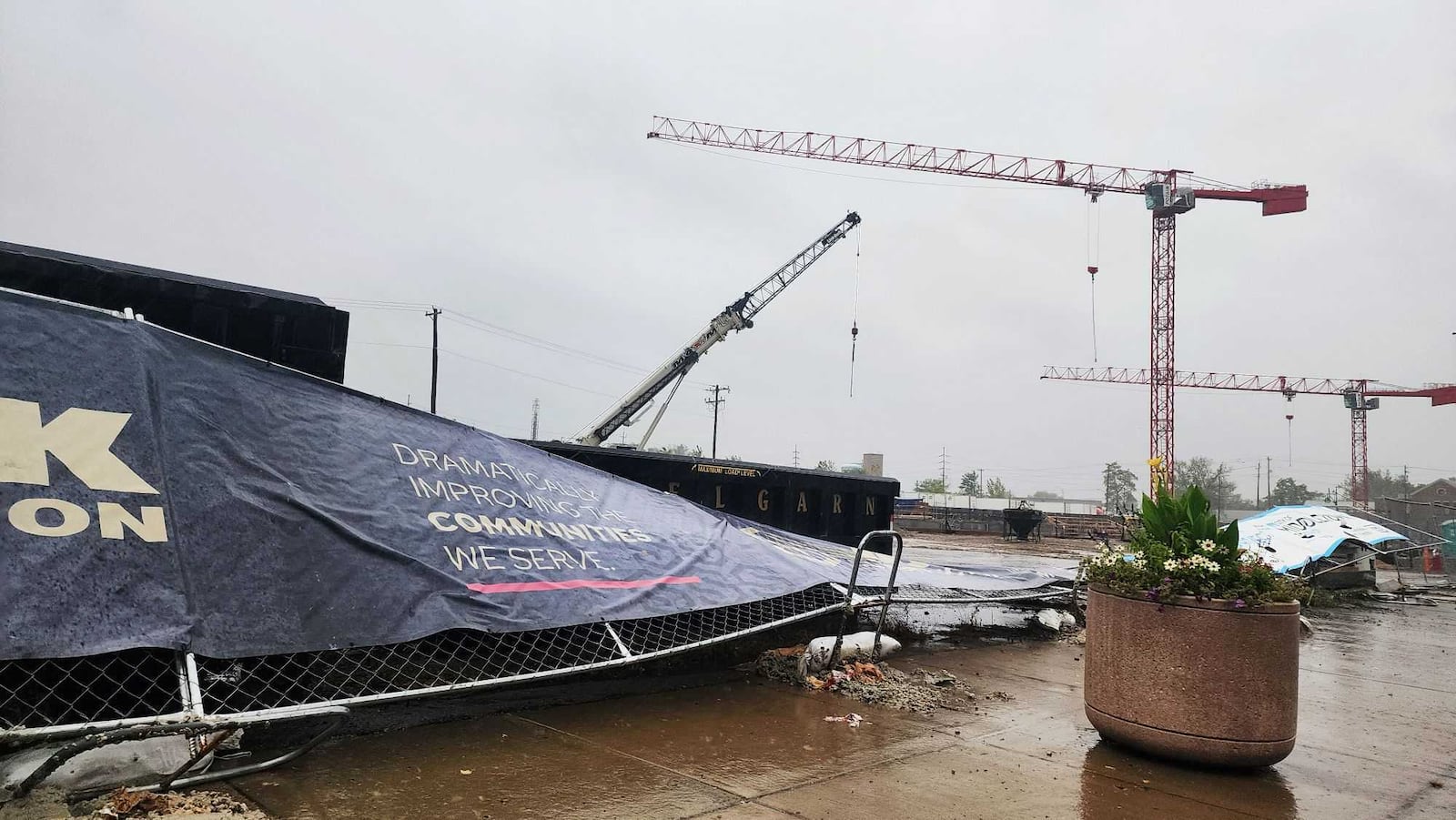 A fence was blown down Friday, Sept. 27, 2024, at the large construction project on Main Street in Middletown as remnants of Hurricane Helene moved through the region. NICK GRAHAM/STAFF