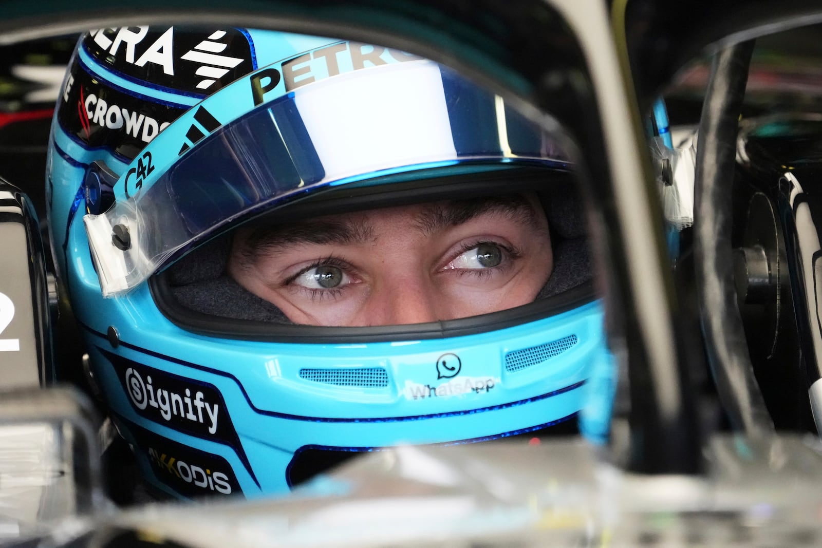 Mercedes driver George Russell of Britain waits in his car during the third practice session at the Australian Formula One Grand Prix at Albert Park, in Melbourne, Australia, Saturday, March 15, 2025. (AP Photo/Scott Barbour)